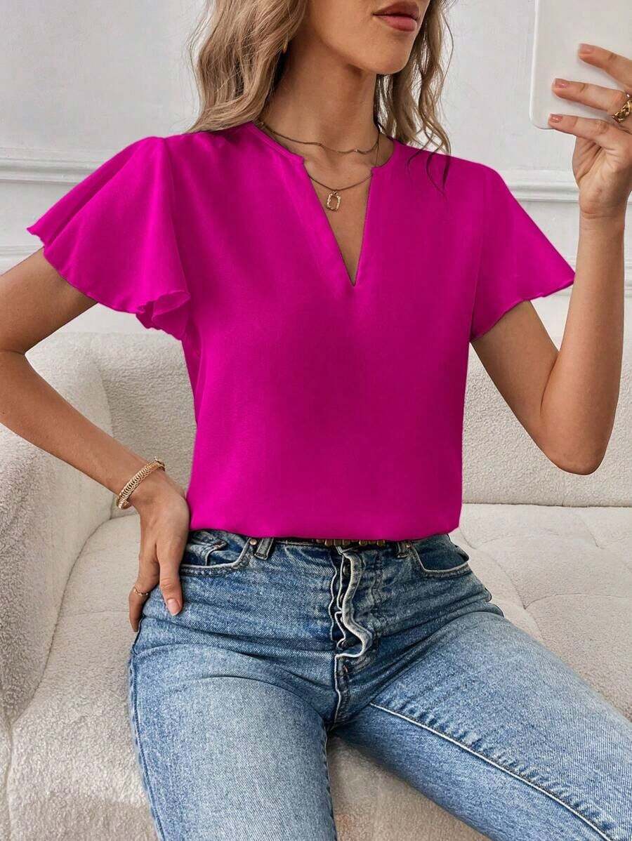 Camisa de mujer de unicolor con escote en V entallado y manga corta, informal y adecuada para el trabajo, blusas de manga corta - Rosa Fucsia - Ver 1