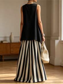 Plus Size Women's Minimalist Black Vest And Black And White Striped Dress Two-Piece Set, Loose Version Summer Wear, Suitable For Beach And Daily Life - Màu xanh lam - Xem 5