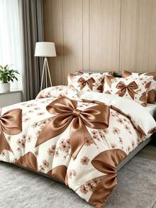 Conjunto de cama elegante com laço preto, 2/3 peças (1 capa de edredom + 1/2 fronha, enchimento de travesseiro não incluído), conjunto de cama luxuoso com laço, macio, quente e confortável para quarto, quarto de hóspedes e dormitório. - marrom - Ver 2