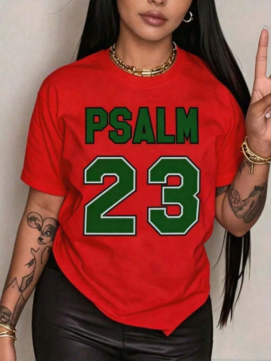Women's Casual T-Shirt With Psalm 23 Bible Verse - Soft And Breathable, 100% Cotton, Crew Neck, Short Sleeve, Suitable For Church, Casual Wear, And Personal Expression - Machine Washable, White And Green Lettering - Ideal Gift For Believers - Artistic Geometric Design, Loose Fit For Spring And Summer, Modern And Comfortable For Everyday Wear, 100% Cotton, Durable - 紅色 - 查看 1