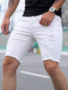 Men's Fashion Distressed Fringed Hem Elastic Denim Shorts - White - View 3