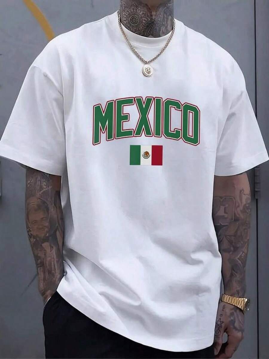 Camiseta de Hombre con Estampado de la Bandera Mexicana y Texto México,Diseño Casual y Moderno,Ideal para el Día a Día. - Negro - Ver 1