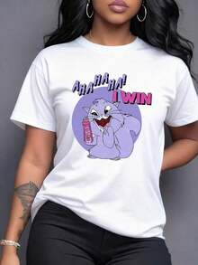 Gato caricaturesco riendo con la frase divertida I WIN" que transmite confianza y humor juguetón camiseta para mujer de corte casual cómoda y moderna,Camiseta de mujer elegante. - Blanco - Ver 7