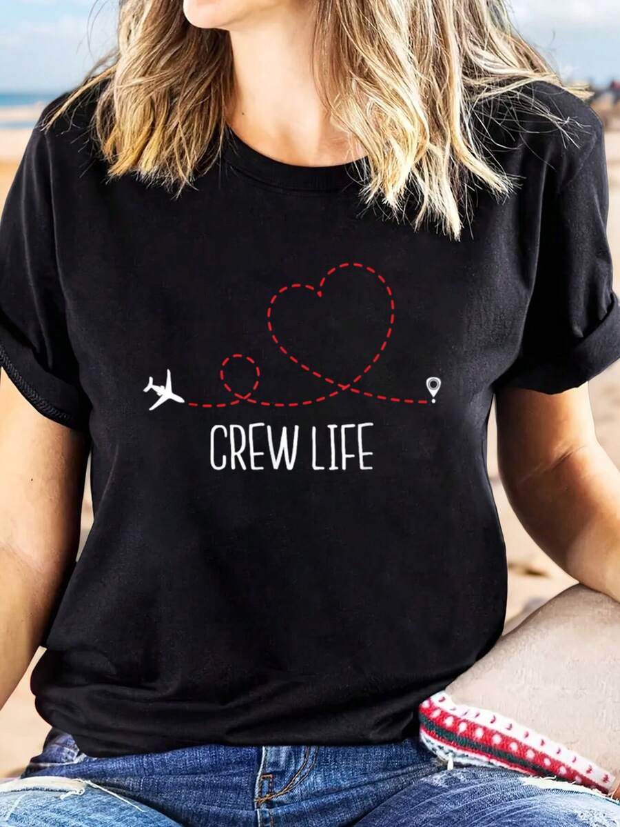 Crew Life - Camiseta de Azafata de Vuelo, Piloto de Avión, Manga Corta Casual para Mujer, Primavera y Verano, Camisetas Gráficas para Mujer