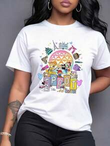 Colorful Print Celebrating Global Cultural Diversity With Country Symbols, Iconic Buildings, And Cheerful Figures Evoking Unity And Fantasy. Comfortable And Modern Women's T-Shirt For Everyday Wear, Casual Short Sleeves. - 白色 - 查看 7