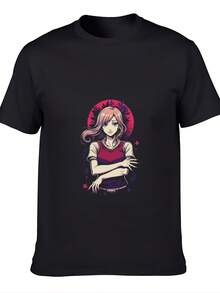 Unisex T-Shirt Made Of Pure Cotton, Men's & Women's - Y2K Japanese Pop Art Anime Pink Hair Red Eyes Manga Character Design Unisex 100% Cotton T-Shirt Soft, All Season Casual Streetwear Essential, All-Match All Season Style, Affordable Daily Wear & Perfect Gift For Fans And Friends, Summer T-Shirt, Summer Clothes Women's, Men's Summer Outfit, Women's Shirt, Creative Design, Outdoor Play, Cool Style, Fun Design, Great For Outdoor Play, Creative Design, Outdoor Play, Cool Style, Fun Design, Great For Outdoor Play - Black - View 1