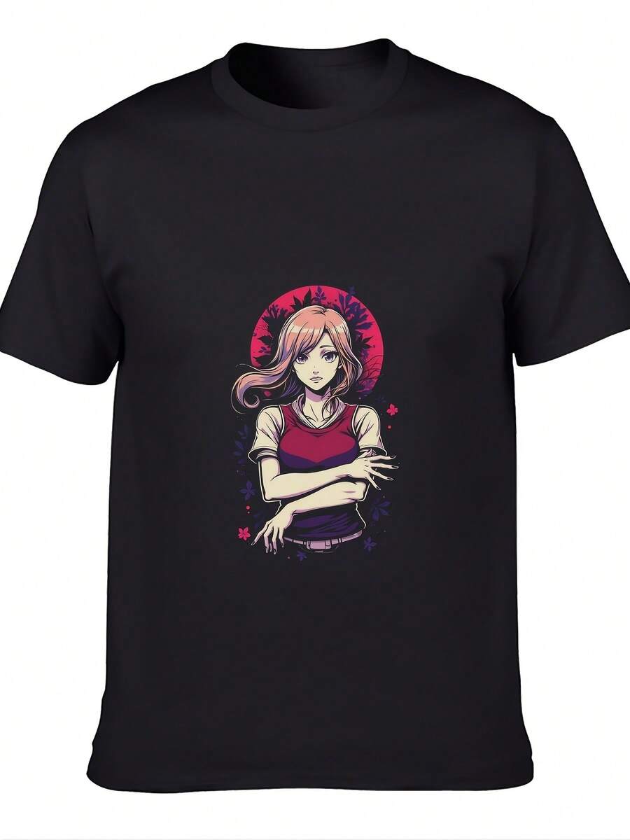 Unisex T-Shirt Made Of Pure Cotton, Men's & Women's - Y2K Japanese Pop Art Anime Pink Hair Red Eyes Manga Character Design Unisex 100% Cotton T-Shirt Soft, All Season Casual Streetwear Essential, All-Match All Season Style, Affordable Daily Wear & Perfect Gift For Fans And Friends, Summer T-Shirt, Summer Clothes Women's, Men's Summer Outfit, Women's Shirt, Creative Design, Outdoor Play, Cool Style, Fun Design, Great For Outdoor Play, Creative Design, Outdoor Play, Cool Style, Fun Design, Great For Outdoor Play - Black - View 1