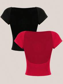 2 piezas Camiseta corta y ajustada casual de mujer con cuello redondo y espalda descubierta, para verano - Multicolor 5 - Ver 1