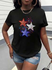 Women's Clothing Patriotic Fireworks Print T-Shirt - Casual Short Sleeve Crew Neck Light Gray With Red, White, And Blue Star Design, Perfect For Summer, Vacation, And Parties, Casual Wear | Patriotic Design | Comfortable Fit Women's Shirts - 黑色 - 查看 6