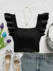 Elegante top corto de mujer de punto con plisados, adornos de encaje floral y diseño ideal para vacaciones - Negro - Ver 4