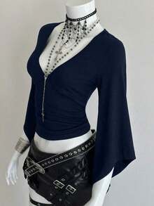 Camiseta ajustada con cuello en V profundo y mangas acampanadas sexy - azul real - Ver 2