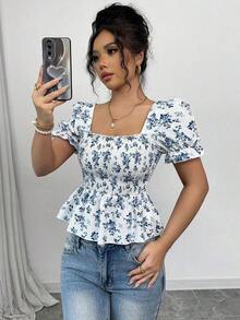Blusa de mujer con estampado floral diminuto, mangas abullonadas y dobladillo con volantes - Azul - Ver 3