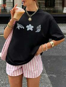 Light Blue Short-Sleeved T-Shirt With Round Neck, Sea Turtle Print, Flowers And Shells, Casual Style, Loose Fit, For Women, Ideal For Summer, Daily Wear And Vacation. - 黑色 - 查看 5