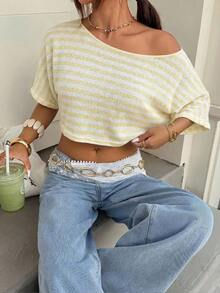 Camiseta de mujer de punto a rayas de estilo minimalista y casual, de un hombro, con efecto dopamina, adecuada para el uso diario, citas, reuniones, otoño/invierno/verano, Navidad, Año Nuevo, Acción de Gracias, fiestas, bodas, playa, ceremonias de graduación, moda, elegante, casual, salidas, citas, reservas, viajes, brillante, Día de San Valentín, vacaciones, Y2K y otras ocasiones. - Amarillo 3 - Ver 4