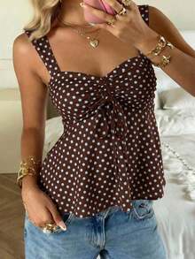 Nueva Colección Primavera/Verano 2026 para Mujer: Blusa/Top sin Mangas con Volantes y Cordón Ajustable, Estampado de Lunares Amarillo Buttercup y Marrón, Estilo Casual y Versátil, Top de Verano - Marrón Chocolate - Ver 7