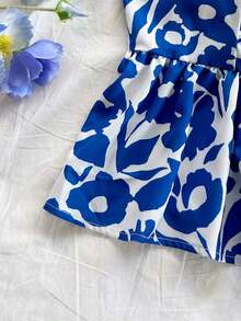Blusa de corte de línea A con cuello cuadrado, manga corta y estampado retro azul y blanco, adecuada para fiestas, citas, el Día de San Valentín, el té de la tarde - Azul y blanco 3 - Ver 4