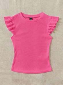 Set de 2 tops de camiseta de cuello redondo ajustados de tela acanalada en negro y rojo rosa, apropiados para verano con mangas con volantes, adecuados para salir - Multicolor 8 - Ver 3