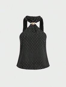 Top corto de tirantes con estampado de lunares lindo y encantador para mujer, para uso casual - Negro - Ver 1