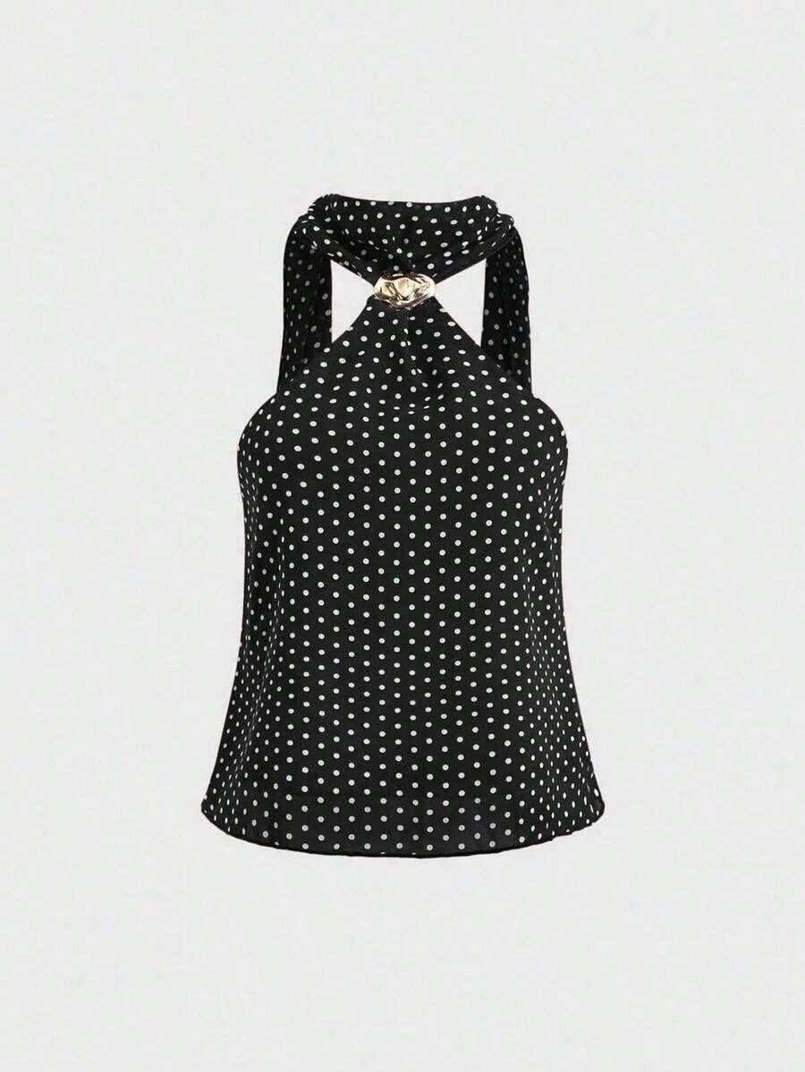 Top corto de tirantes con estampado de lunares lindo y encantador para mujer, para uso casual - Negro - Ver 1
