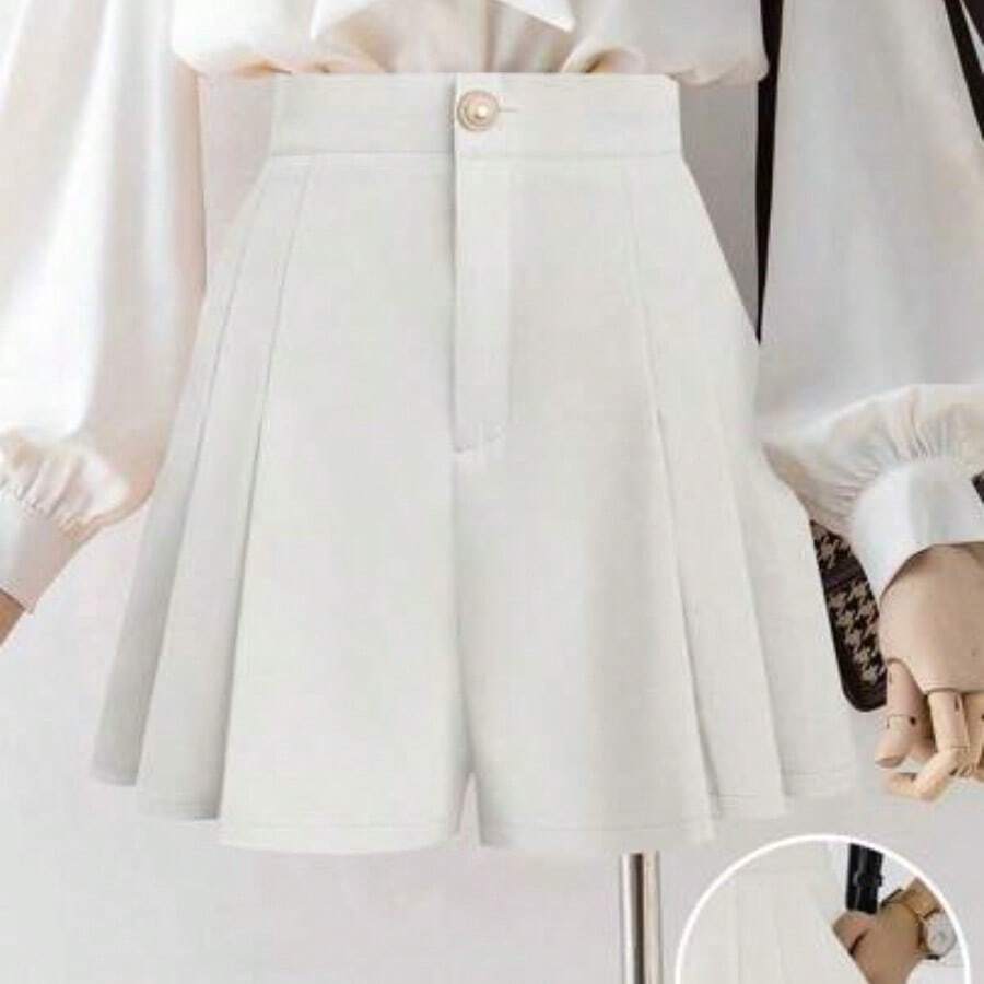 New Women's Woven Fabric Pleated A-Line Front Zipper Back Elastic Waist Slimming Mid-Waist Casual Comfortable Elegant Shorts - Albaricoque - Ver 1
