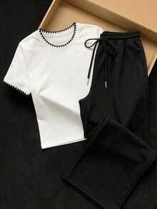 2 piezas Conjunto de top de manga corta con estampado floral bordado falso y rayas y pantalones a rayas, atuendo casual adecuado para el uso diario, citas, fiestas, otoño/invierno/verano, Navidad, Año Nuevo, Acción de Gracias, fiestas, bodas, - Multicolor 13 - Ver 5