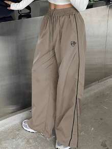 Pantalones casuales de pierna ancha con cordón en contraste y ribeteamionto - Caqui - Ver 3