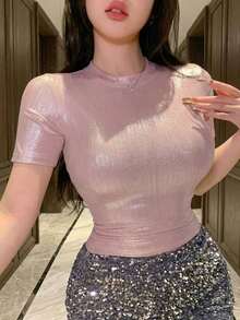 Camiseta casual ajustada de manga corta con cuello en V profundo y brillo en color rosa para mujer - Rosa 4 - Ver 1