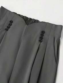 Pantalones anchos de mujer de cintura alta con pliegues y botones - Gris - Ver 6