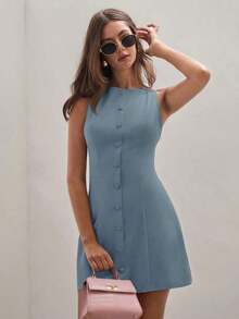 Vestido casual de verano de mujer de mini longitud, de un solo botón, cuello redondo y sin mangas, de unicolor - Azul 2 - Ver 7