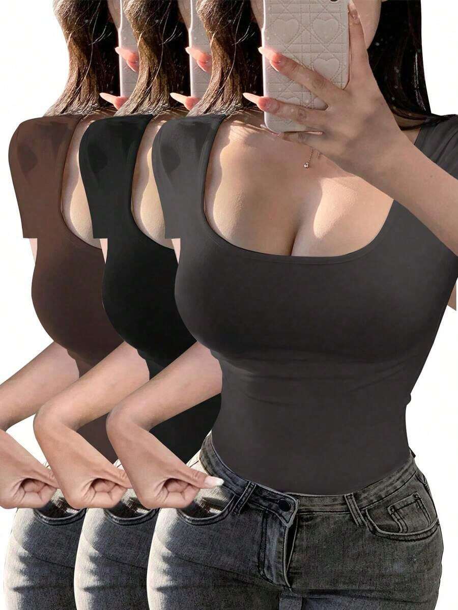Set de 3 camisetas de mujer de manga corta con cuello en U, tops ajustados y cortos de color liso casual y de moda para el verano - Multicolor 6 - Ver 1