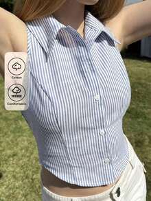 Camisa sin mangas de mujer de rayas tejida, azul - Azul - Ver 2