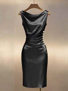 Vestido ajustado sin mangas con cuello drapeado de satén color dorado champán - Negro - Ver 1