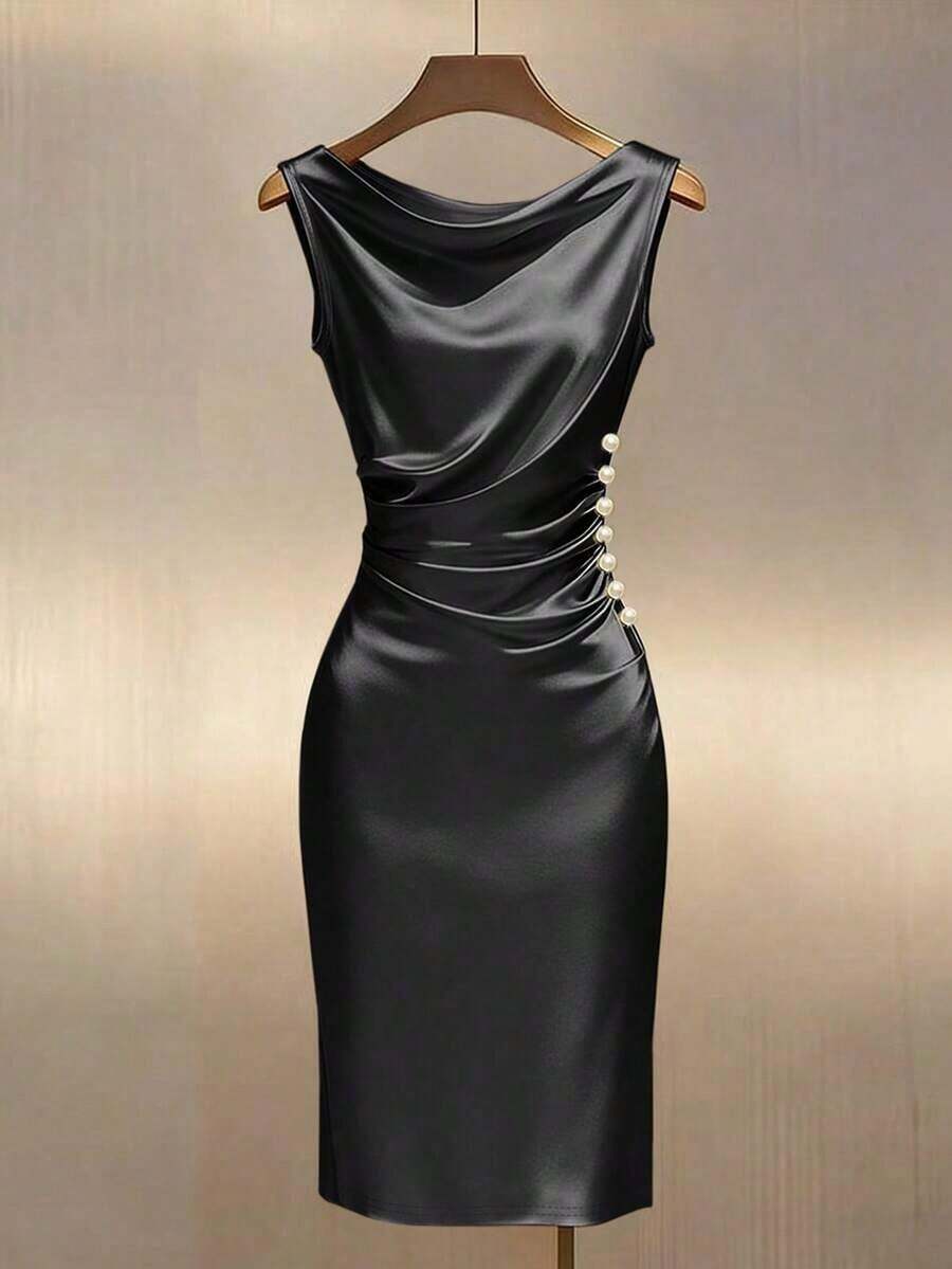Vestido ajustado sin mangas con cuello drapeado de satén color dorado champán - Negro - Ver 1