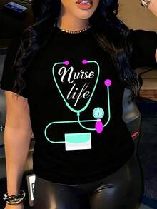 Women's Summer Outfits: This Black Graphic Tee For Women Features A Stethoscope Design, Perfect For Nurses. It Combines Hip-Hop Street Style With A Vintage Touch, Ensuring A Comfortable Fit For Spring And Summer. Ideal For Casual Everyday Wear, Women's Summer Outfits, And Summer Tops. - 黑色 - 查看 6