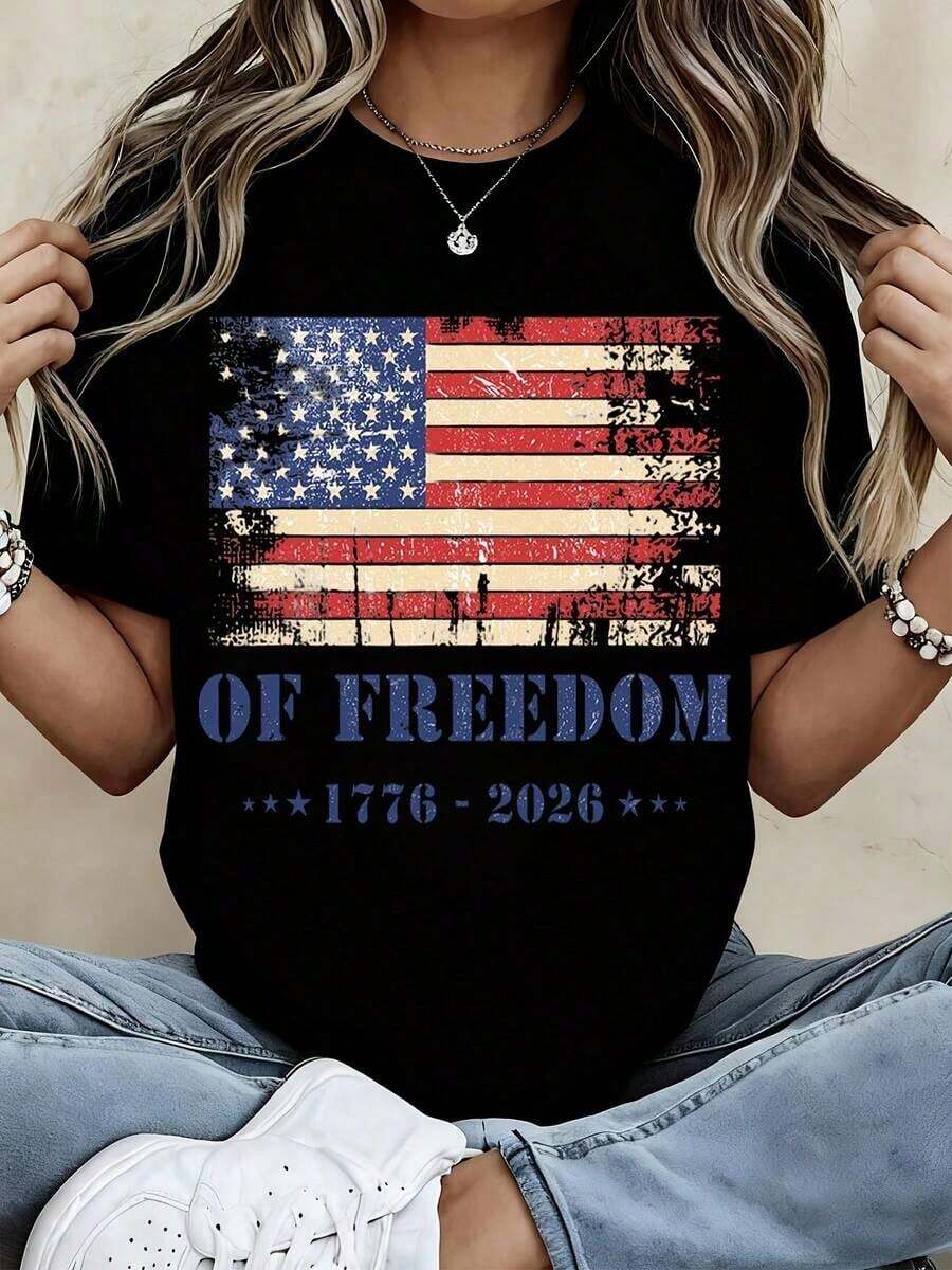 1 Piece Women's Crew Neck T-Shirt With American Flag Of Liberty 1776-2026 Print, Short Sleeve, Casual Style For Independence Day Celebration, 180g 100% Cotton - 黑色 - 查看 1