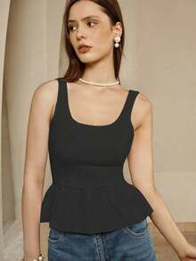 Camiseta sin mangas ajustada al Body con ribete de volantes cuadrado y diseño empalmado de un solo color para mujer en verano - Negro - Ver 3