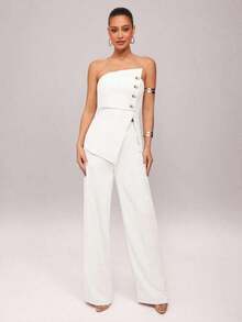 Set de 2 piezas: Top con diseño de aro asimétrico con decoración metálica + Pantalones de pierna recta, Uso elegante diario, Atuendo de oficina, Boda, Vacaciones, Cita, Fiesta, Ceremonia de graduación - Blanco - Ver 7