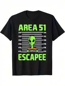 Camiseta Gráfica de Conspiración Alienígena UFO para Hombre - Estampado "Area 51 Escapee" y "SOS", Negra con Diseño Verde Neón, Manga Corta, Cuello Redondo, Estilo Casual, Lavable a Máquina, Corte Regular, Ropa Novedosa, Camiseta Divertida, Tela No Transparente - Negro - Ver 6
