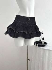 Falda de mezclilla de moda para mujer con diseño de cintura con botones y dobladillo con doble volante - Negro - Ver 7