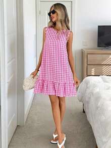 Vestido de verano estilo bohemio con cuello redondo sin mangas y corte evasé a dos colores a cuadros, vestido esencial para vacaciones y uso diario al aire libre - Rosa - Ver 4