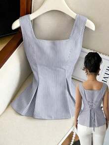Camisa sin mangas con cuello cuadrado, cintura con lazo y rayas para el verano 2025 - Negro 2 - Ver 8