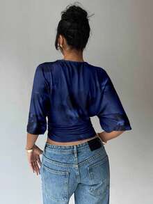 Blusa de verano para mujer con diseño de manga murciélago, cuello redondo, fruncido y estampado floral de tinte de agua en tonos cálidos, ideal para playa/vacaciones, un look casual, minimalista y elegante - Azul - Ver 2
