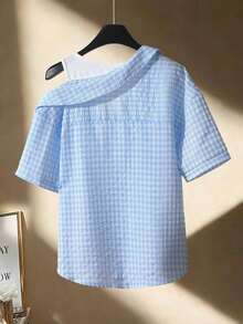Camisa de mujer casual de manga corta raglán a rayas texturizada azul y blanca, de verano - Azul - Ver 2