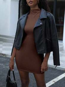 Vestido mini ajustado de manga corta con cuello alto de unicolor minimalista para uso casual y de oficina, para verano - Café 2 - Ver 5