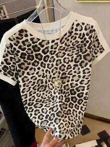 Camiseta casual de mujer de cuello redondo con estampado de leopardo clásico y contraste de color, diseño de estampado de leopardo vintage y contraste de color albaricoque, adecuado para el verano, moda, camiseta de moda, camiseta hermosa, regalo para hermanos, regalo para hermanas, regalo para mamá, regalo del Día de la Madre, top casual pero de moda - Albaricoque - Ver 5