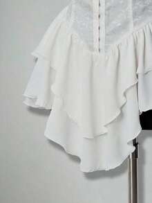Vestido corto de gasa con volantes en el hombro, cintura fruncida y estampado jacquard para mujer, elegante para fiestas y uso casual - Blanco - Ver 5