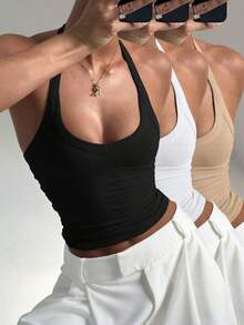 Set de 3 camisetas de tirantes finos acanaladas, versátiles y sexys para mujer, para primavera/verano - Multicolor - Ver 1