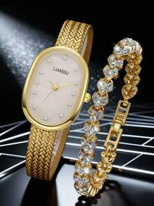 LIANDU LIANDU Conjunto de relojes para mujer para el Día de la Madre, reloj de cuarzo con esfera numérica minimalista y pulsera, adecuado para uso diario, regalo de cumpleaños, vuelta al colegio, Acción de Gracias, parejas, mejor regalo - Dorado - Ver 6