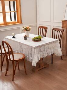 1pc French Countryside Style Floral Lace Trim Tablecloth, Holiday Decor - White - View 6