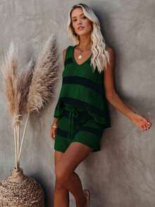 Conjunto de punto de chaleco y pantalones cortos a rayas de contraste de cuello en V, estilo elegante y relajado, adecuado para el uso diario, vacaciones, salidas a la playa en verano - Verde - Ver 7